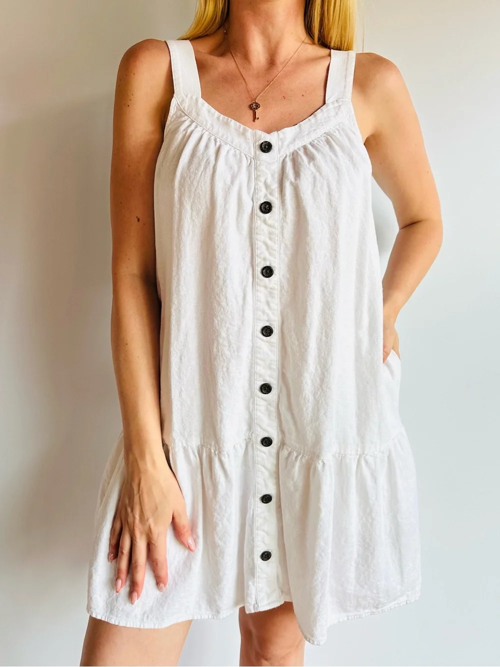 J. Crew White Button Front Swing Dress Sleeveless Cottagecore Boho Pockets Linen